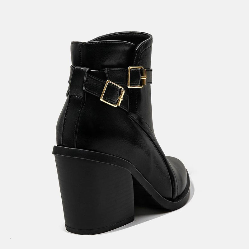 Chelsea Style Pointed Toe Buckle Strap Block Heel Ankle Boots - Black