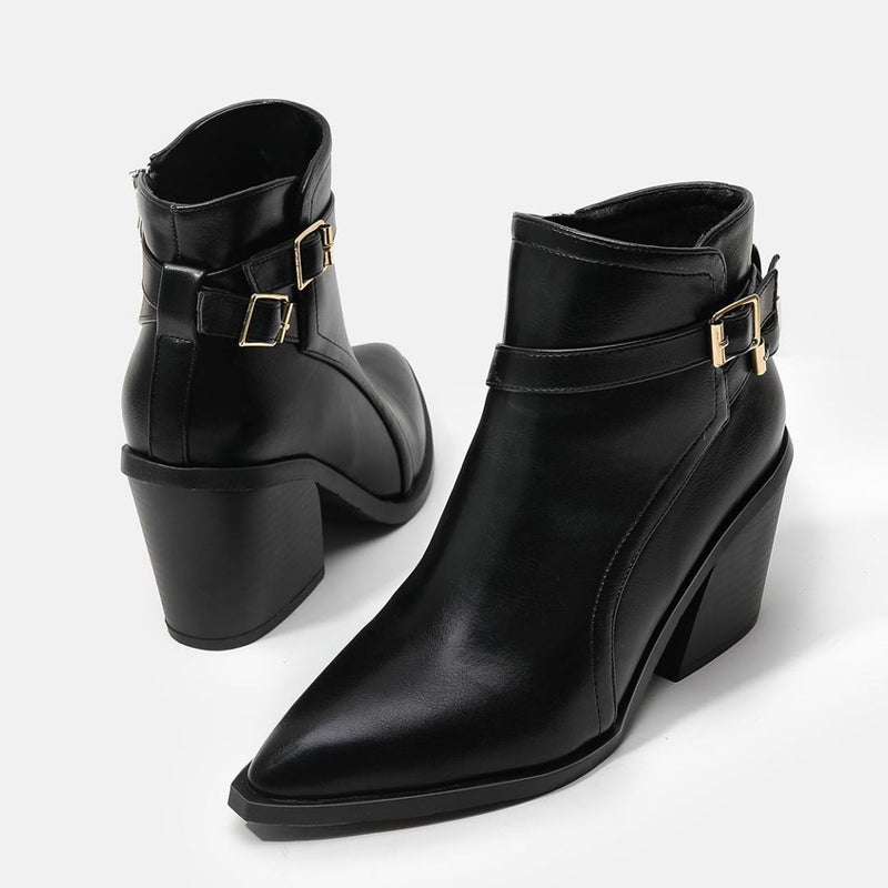 Chelsea Style Pointed Toe Buckle Strap Block Heel Ankle Boots - Black