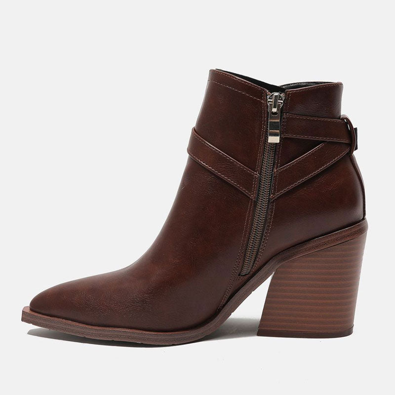 Chelsea Style Pointed Toe Buckle Strap Block Heel Ankle Boots - Dark Brown