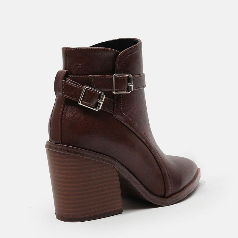 Chelsea Style Pointed Toe Buckle Strap Block Heel Ankle Boots - Dark Brown