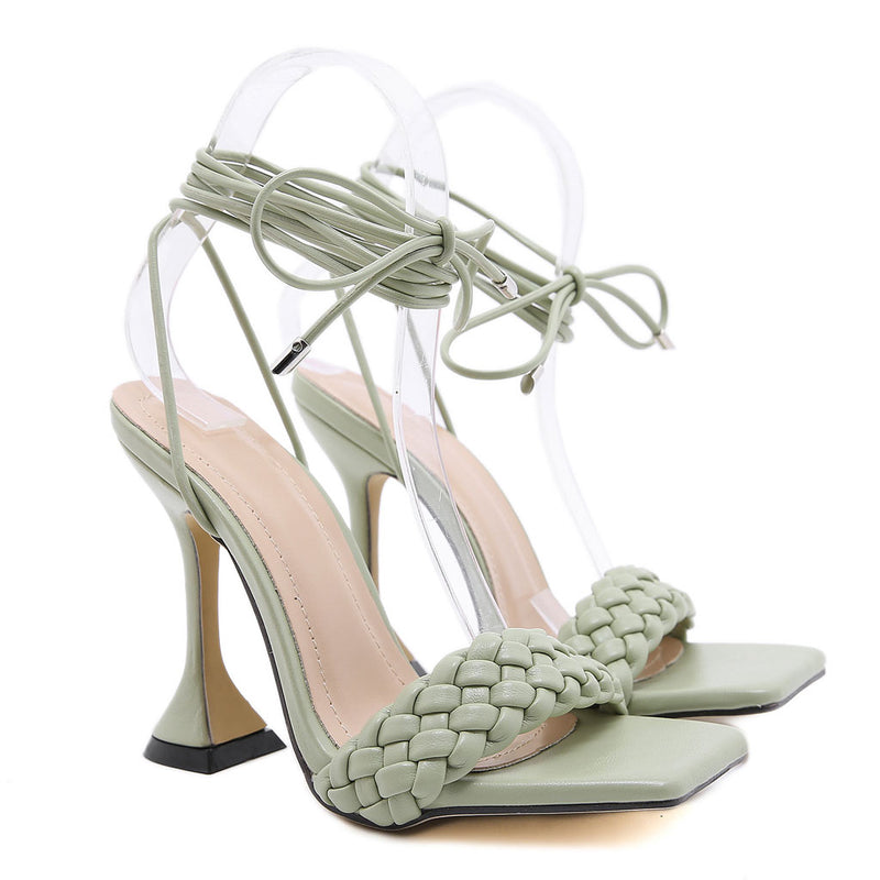 Chic Braided Strap Square Toe Unique High Heel Sandals - Green