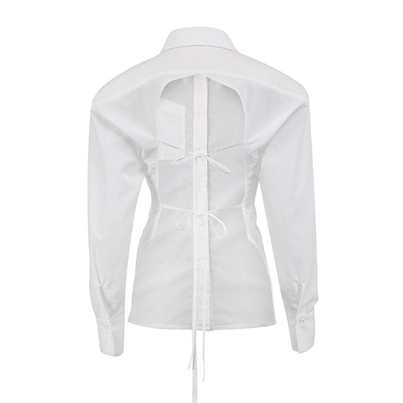 Chic Button Up Shoulder Pad Pointed Collar Tie String Backless Blouse - White