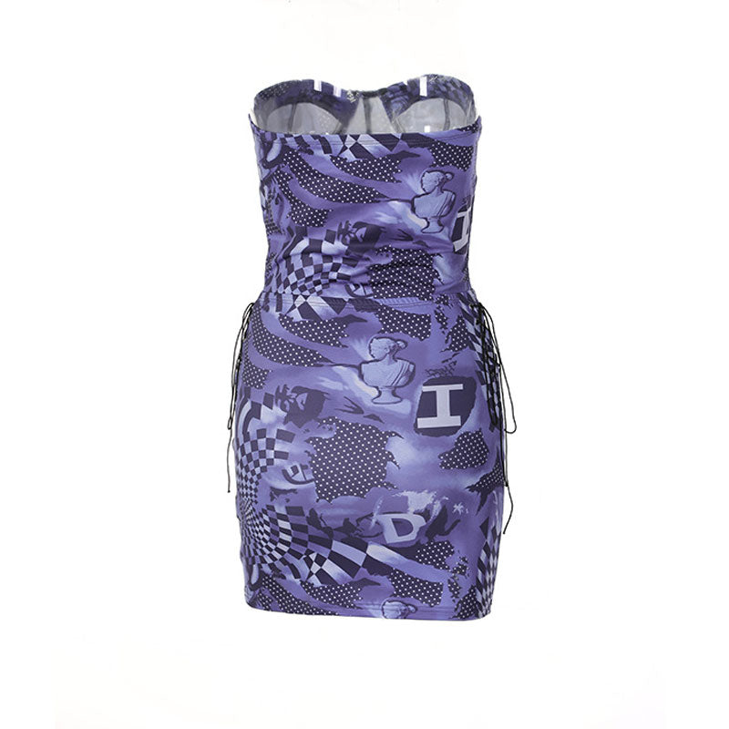 Chic Checkerboard Strapless Crop Top Lace Up Bodycon Mini Skirt Matching Set - Purple