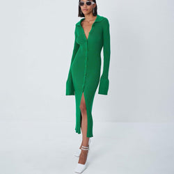 Chic Collared Button Down Long Sleeve Split Trim Rib Knit Maxi Dress - Green