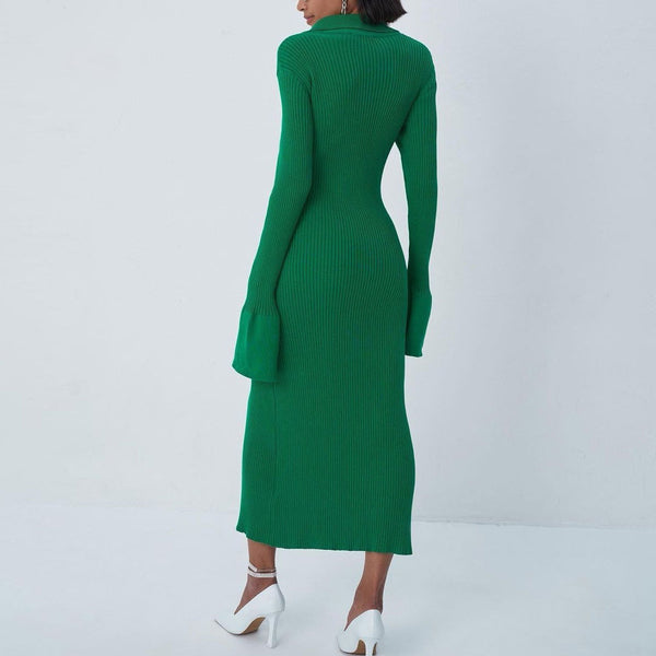 Chic Collared Button Down Long Sleeve Split Trim Rib Knit Maxi Dress - Green