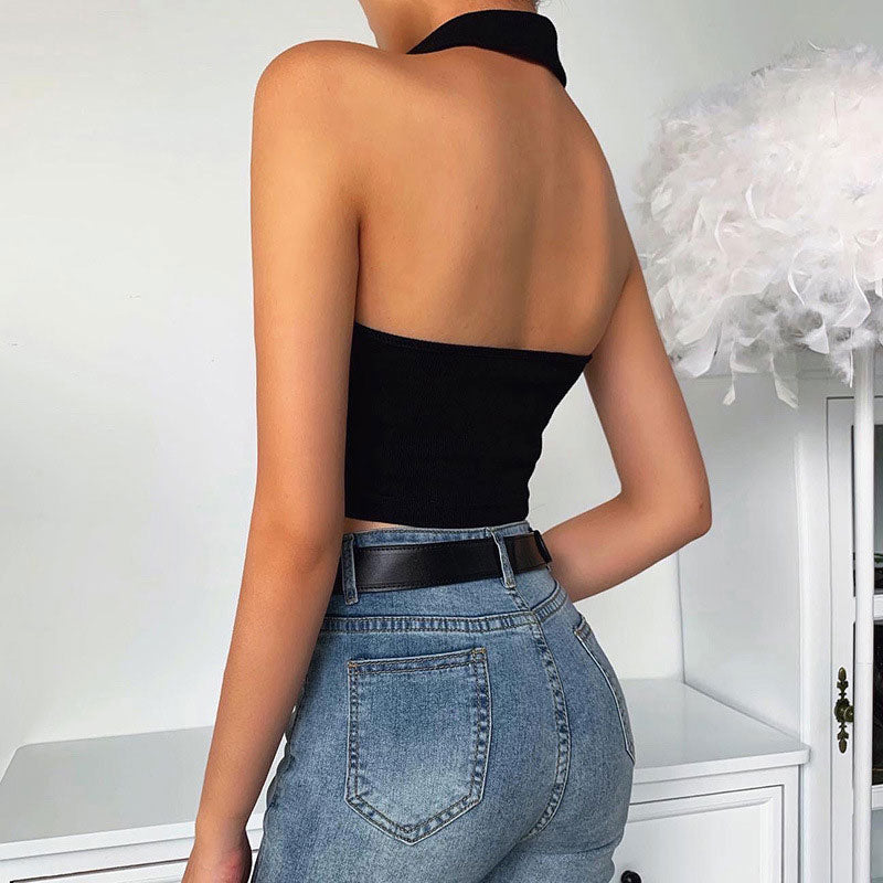 Chic Collared Halter Neck Button Down Cropped Tank Top - White