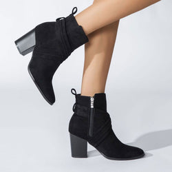 Chic Crisscross Strap Pointed Toe Block Heel Suede Ankle Boots - Black