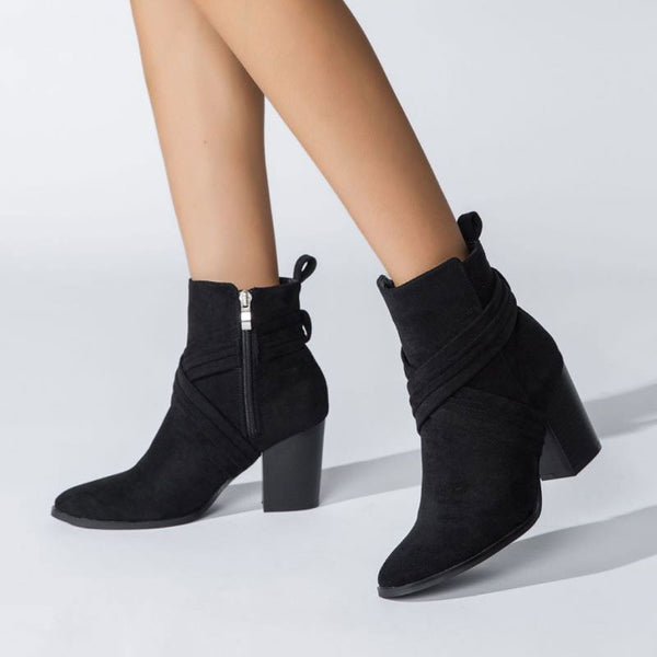 Chic Crisscross Strap Pointed Toe Block Heel Suede Ankle Boots - Black