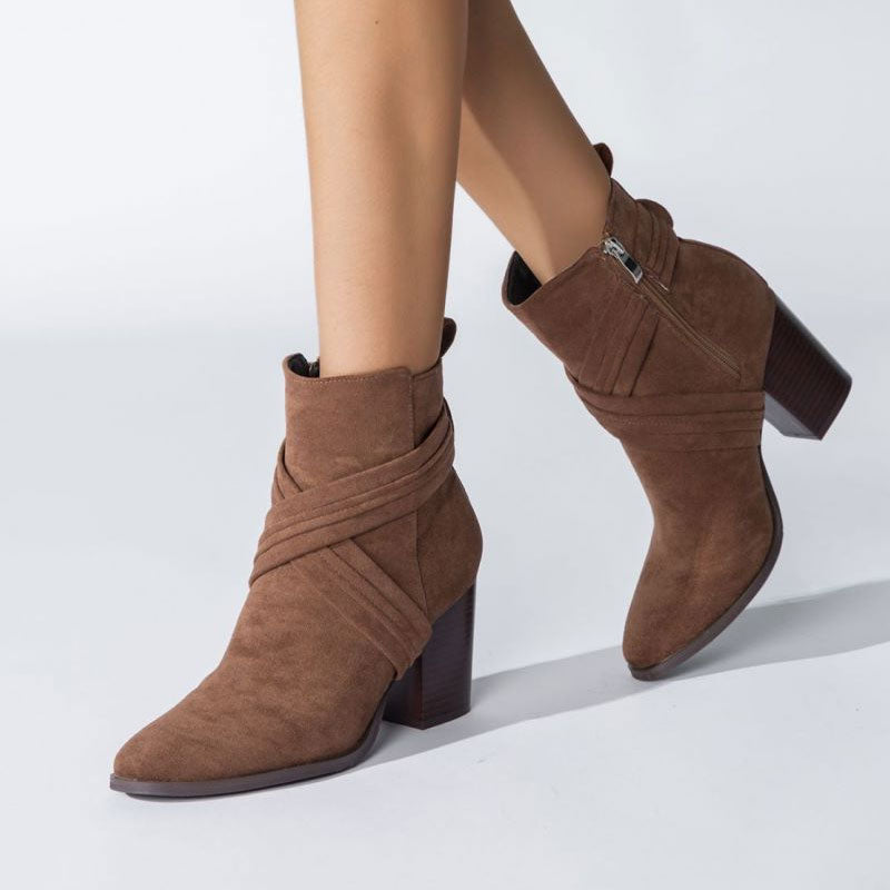 Chic Crisscross Strap Pointed Toe Block Heel Suede Ankle Boots - Brown