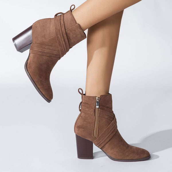 Chic Crisscross Strap Pointed Toe Block Heel Suede Ankle Boots - Brown