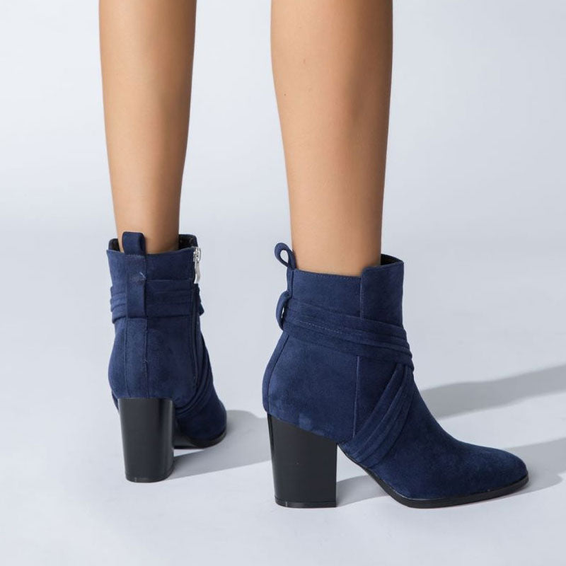 Chic Crisscross Strap Pointed Toe Block Heel Suede Ankle Boots - Navy Blue