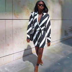 Chic Diagonal Stripe Print Shoulder Pad Deep V Collared Wrap Mini Dress - Black