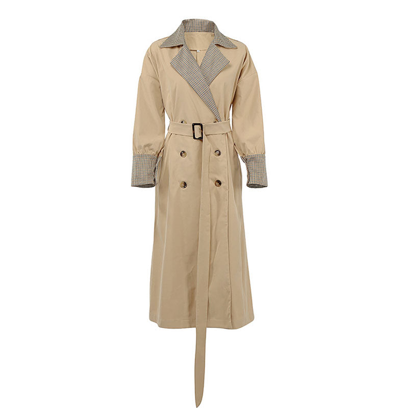 Chic Gingham Print Belted Long Sleeve Double Breasted Trench Coat - Khaki