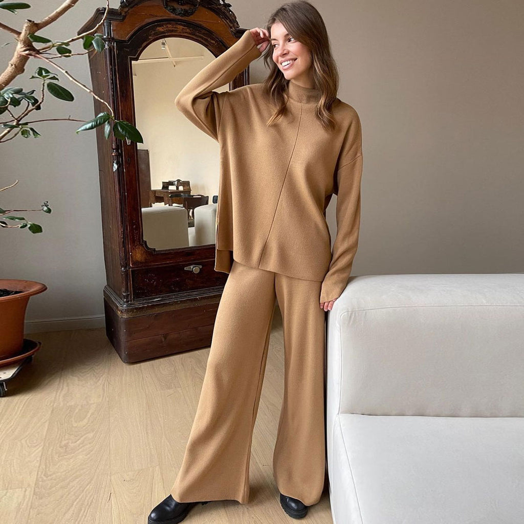 Chic High Neck Rib Knit Pullover Sweater Wide Leg Pants Matching