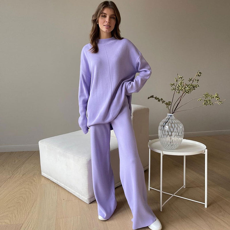 Chic High Neck Rib Knit Pullover Sweater Wide Leg Pants Matching Set - Purple