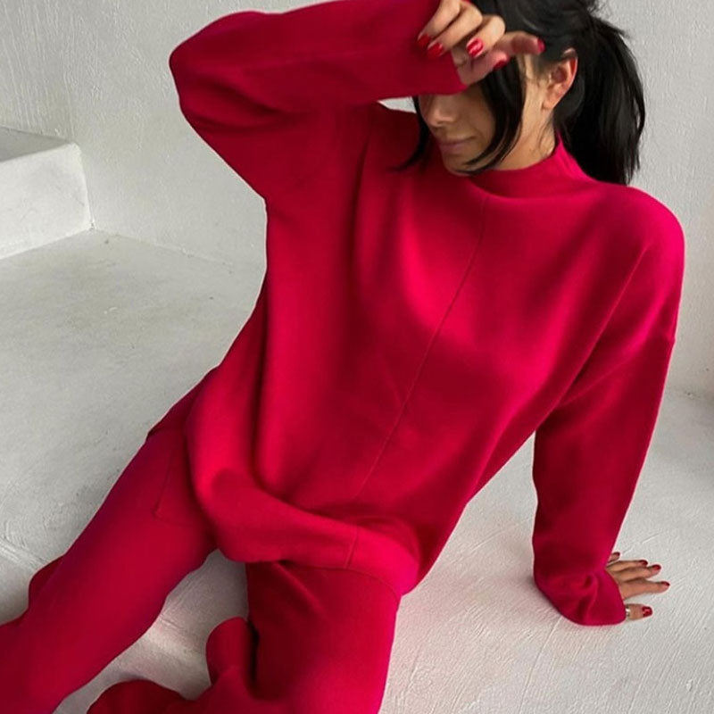 Chic High Neck Rib Knit Pullover Sweater Wide Leg Pants Matching Set - Red