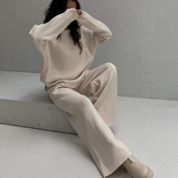 Chic High Neck Rib Knit Pullover Sweater Wide Leg Pants Matching Set - Beige