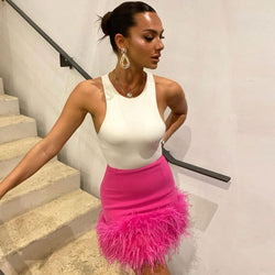 Chic High Waist Feather Trim Bodycon Party Mini Skirt - Fuchsia Pink