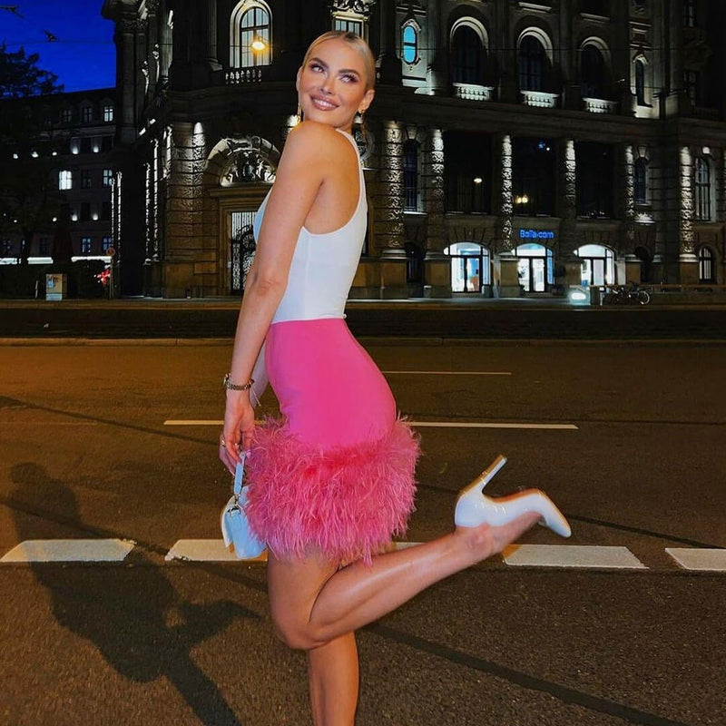 Chic High Waist Feather Trim Bodycon Party Mini Skirt - Fuchsia Pink