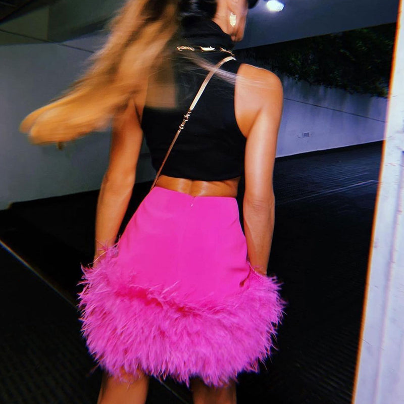 Chic High Waist Feather Trim Bodycon Party Mini Skirt - Fuchsia Pink