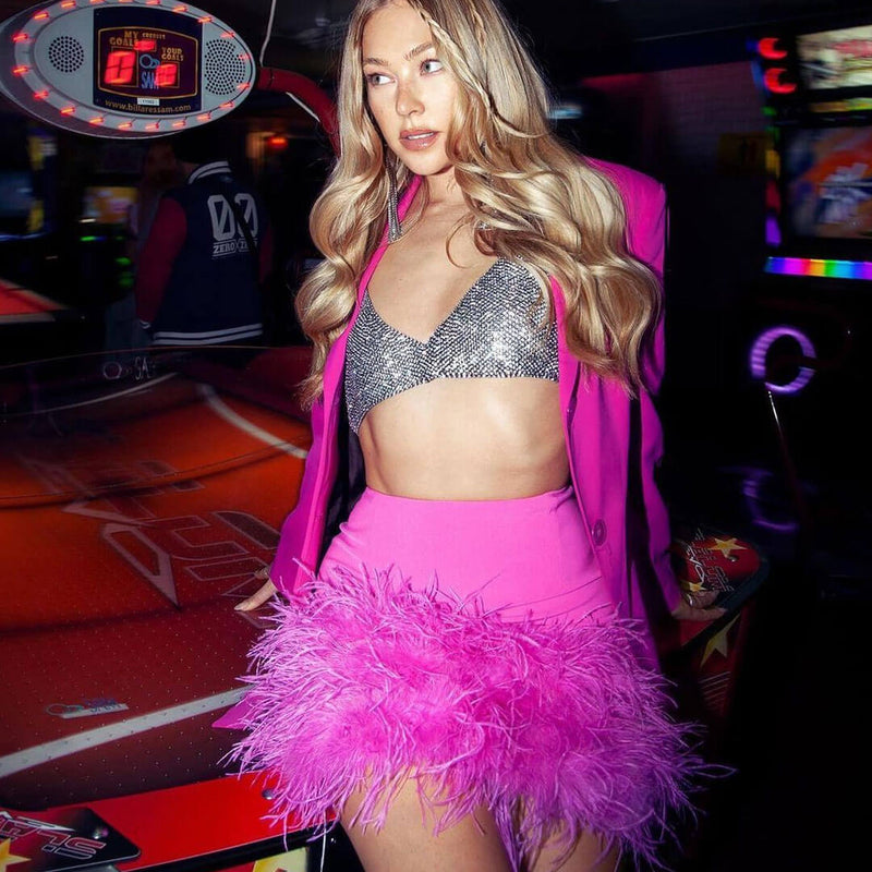 Chic High Waist Feather Trim Bodycon Party Mini Skirt - Fuchsia Pink –  Trendy & Unique