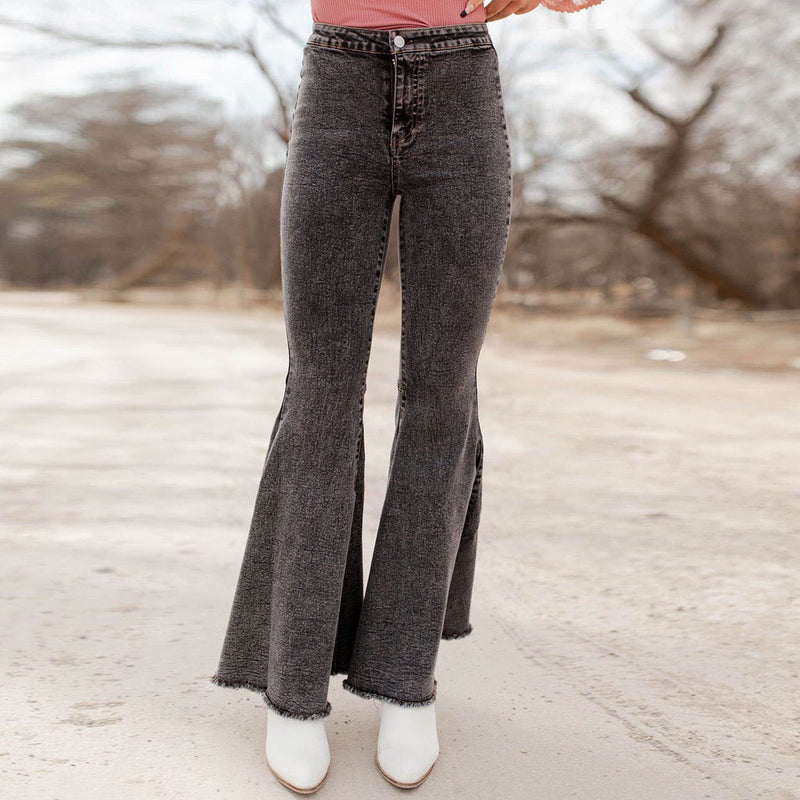 Chic High Waist Frayed Flare Hem Skinny Bell Jeans - Gray