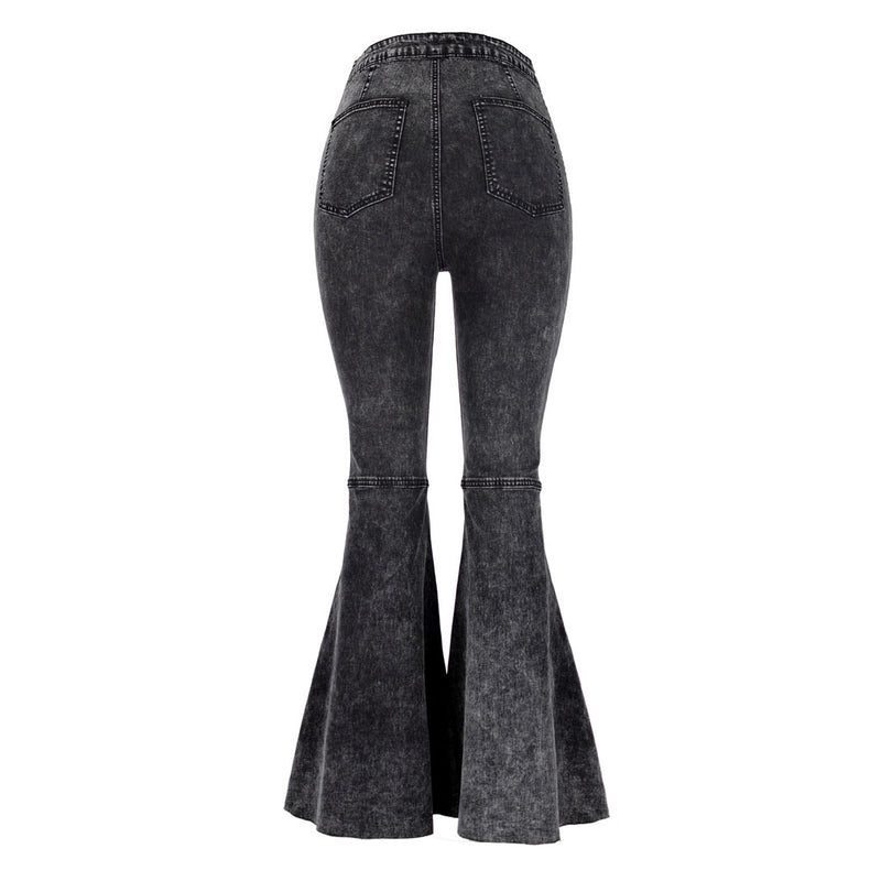 Chic High Waist Frayed Flare Hem Skinny Bell Jeans - Gray