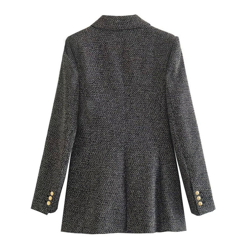 Chic Lapel Collar Double Breasted Long Sleeve Longline Tweed Blazer - Gray