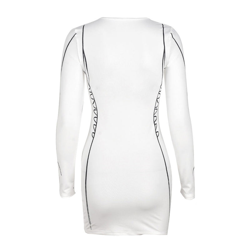 Chic Long Sleeve Contour Drawn Print Bodycon Mini Dress - White