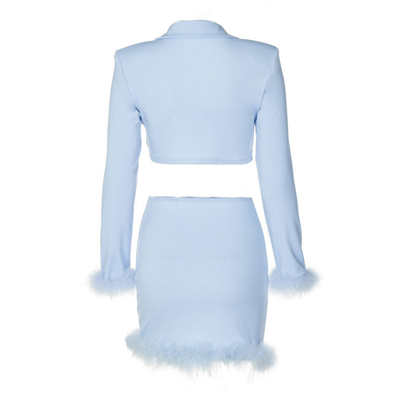 Chic Long Sleeve Crop Blazer Feather Trim Mini Skirt Matching Set - Blue