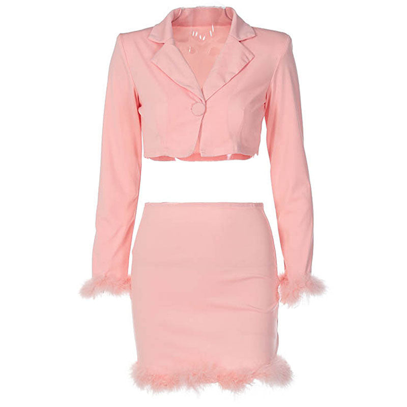 Chic Long Sleeve Crop Blazer Feather Trim Mini Skirt Matching Set - Pink