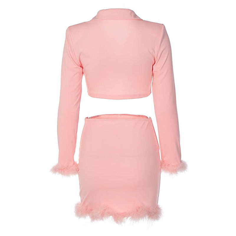 Chic Long Sleeve Crop Blazer Feather Trim Mini Skirt Matching Set - Pink