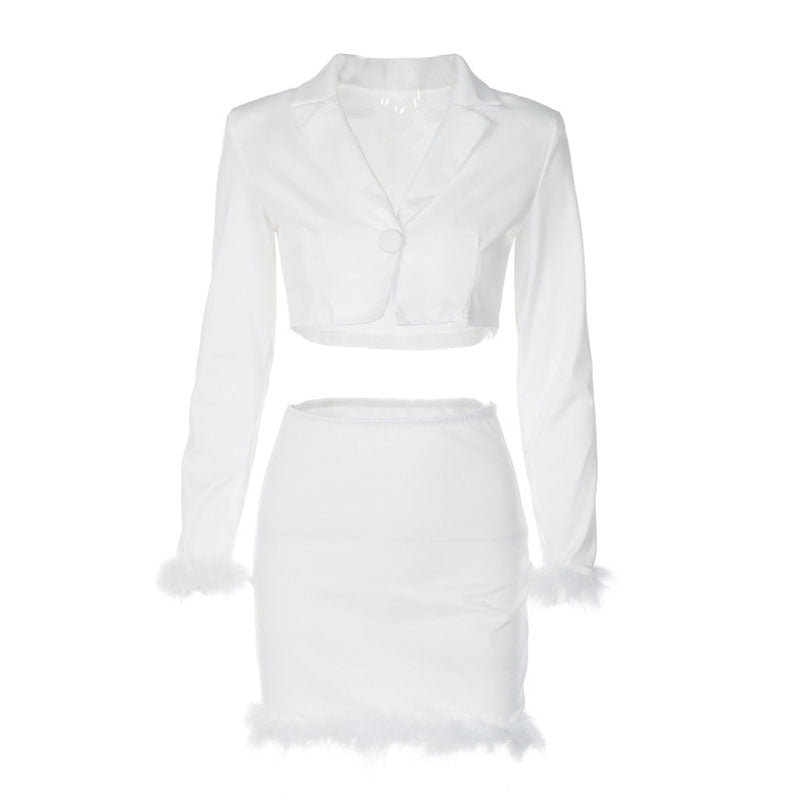 Chic Long Sleeve Crop Blazer Feather Trim Mini Skirt Matching Set - White