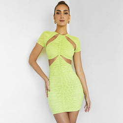 Chic Mesh Trim Cut Out Short Sleeve Ruched Bodycon Mini Dress - Green