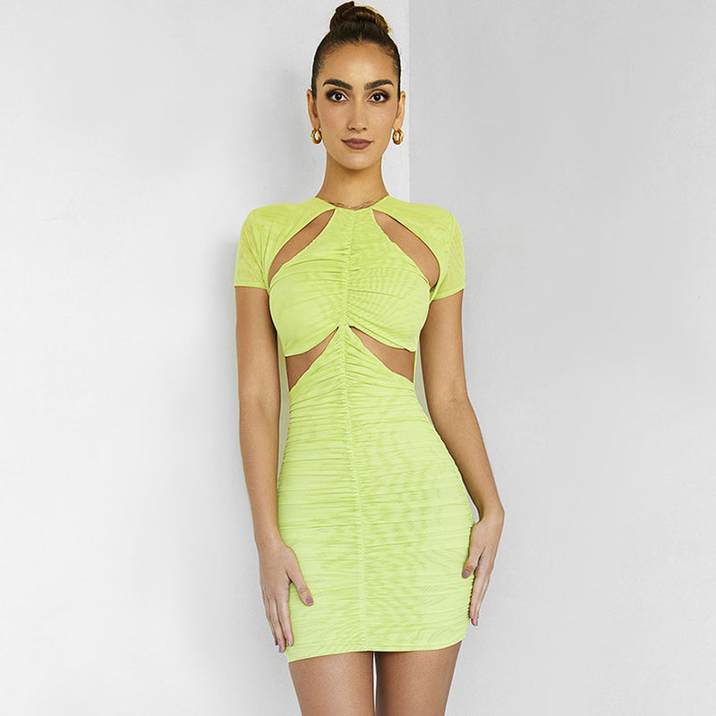 Chic Mesh Trim Cut Out Short Sleeve Ruched Bodycon Mini Dress - Green