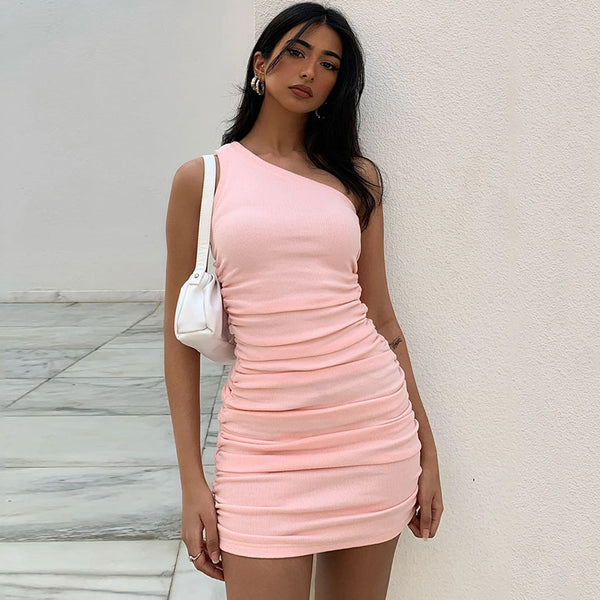 Chic One Shoulder Sleeveless Ribbed Bodycon Ruched Mini Dress - Pink