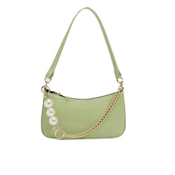 Chic Pearl Chunky Chain Croco Embossed Baguette Bag - Sage Green