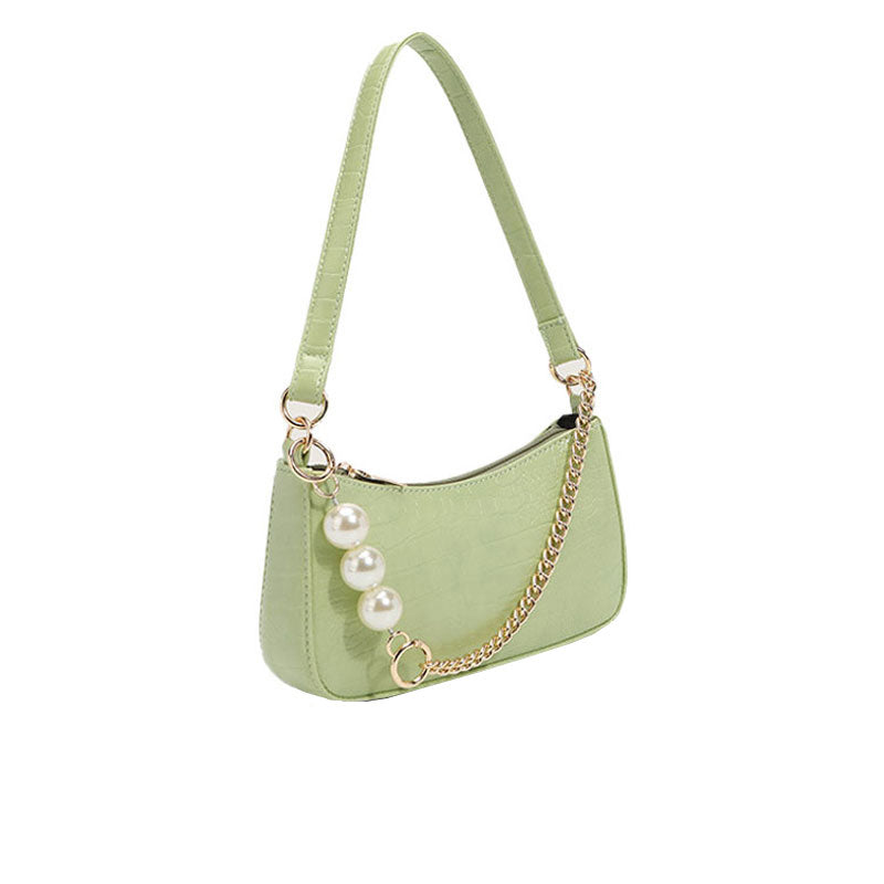 Chic Pearl Chunky Chain Croco Embossed Baguette Bag - Sage Green