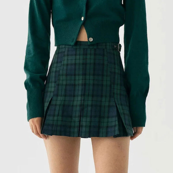 Chic Plaid Print High Waist Buckle Pleated Mini Skirt - Emerald Green