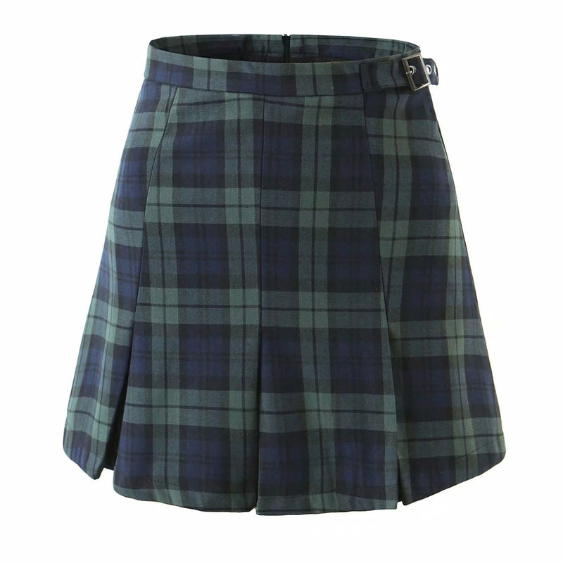 Chic Plaid Print High Waist Buckle Pleated Mini Skirt - Emerald Green