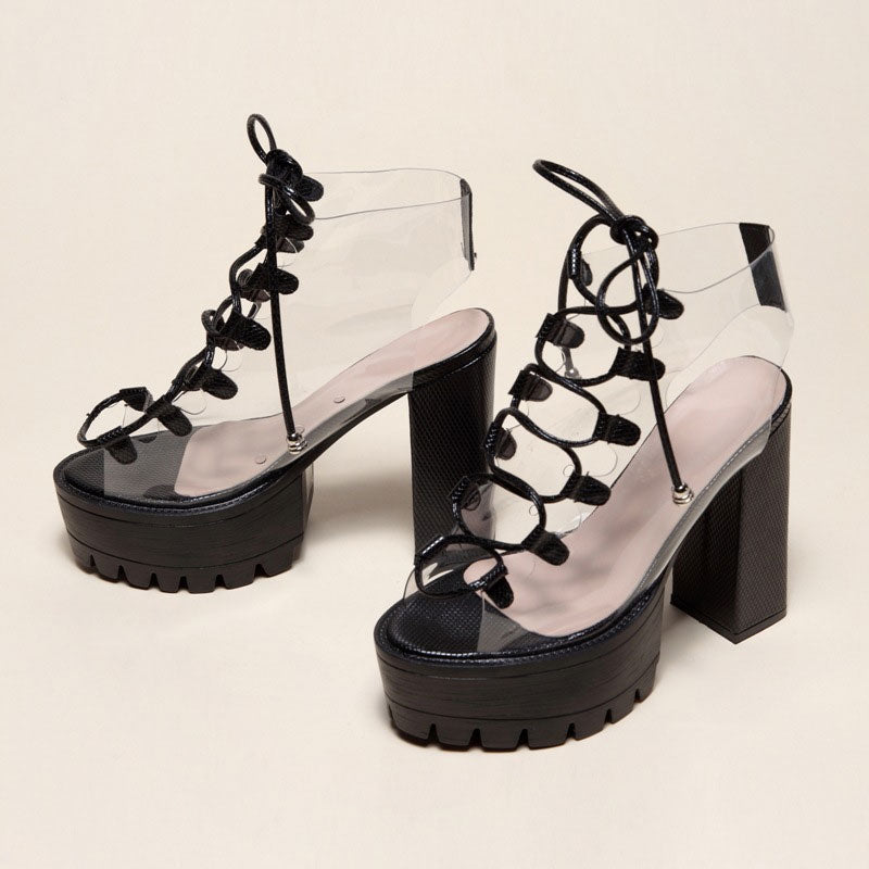 Chic PVC Lace Up Peep Toe Lug Sole Chunky High Heel Platform Boots - Black