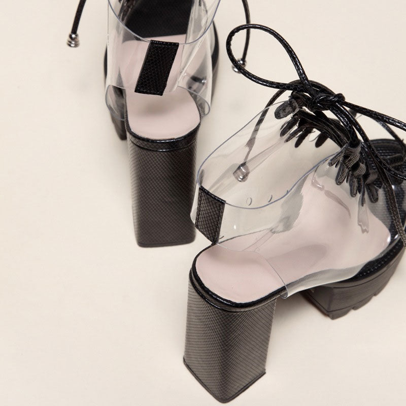 Chic PVC Lace Up Peep Toe Lug Sole Chunky High Heel Platform Boots - Black