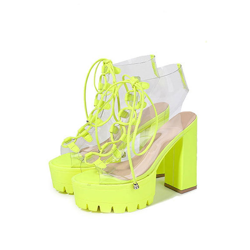 Chic PVC Lace Up Peep Toe Lug Sole Chunky High Heel Platform Boots - Green