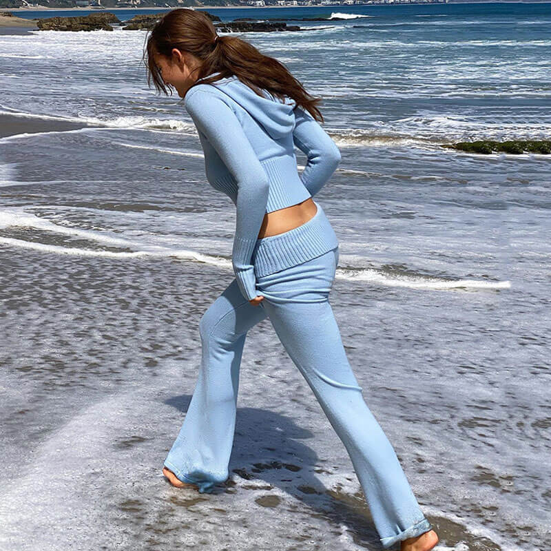 Chic Rib Knit Zip Up Hooded Crop Cardigan Pants Matching Set - Blue