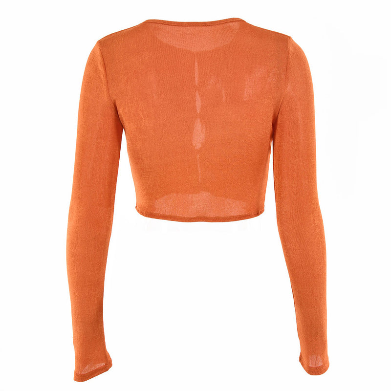 Chic Round Neck Button Up Long Sleeve Crop Top - Burnt Orange