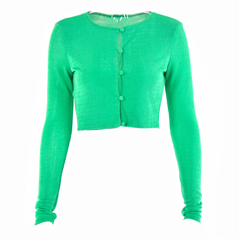 Chic Round Neck Button Up Long Sleeve Crop Top - Green