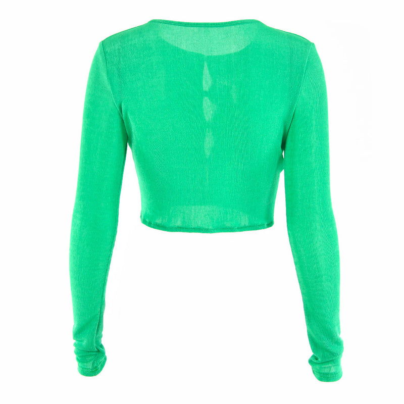 Chic Round Neck Button Up Long Sleeve Crop Top - Green