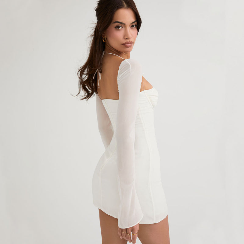 Chic Ruched Halter Neck Drawstring Long Sleeve Mini Dress - White