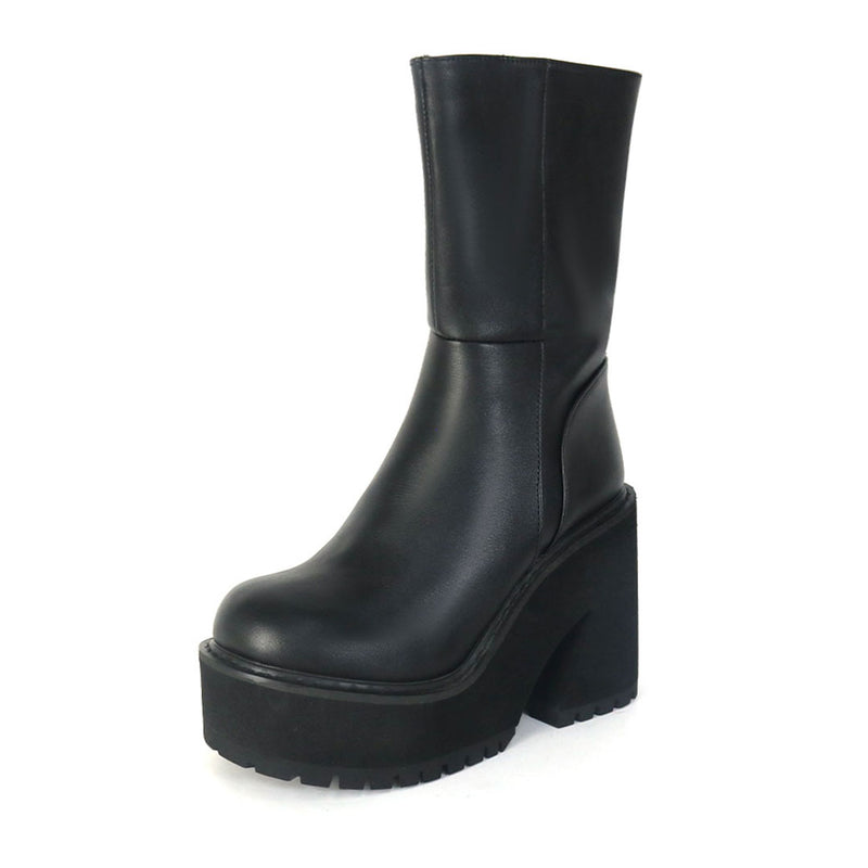 Chic Side Zipper Block Heel Platform Lug Sole Mid Calf Boots - Black