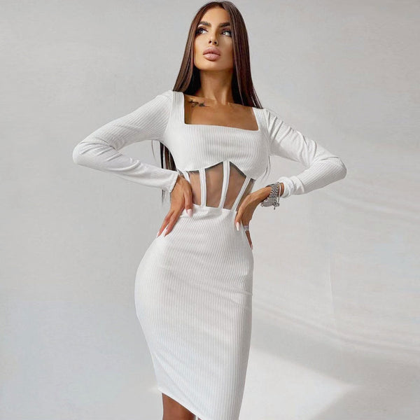 Chic Square Neck Long Sleeve Mesh Panel Rib Knit Midi Dress - White